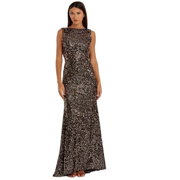 Mac Duggal Size 2 NEW Bronze Cowl Back Boat Neck Sequined Formal Gown 26331 - Picture 1 of 9